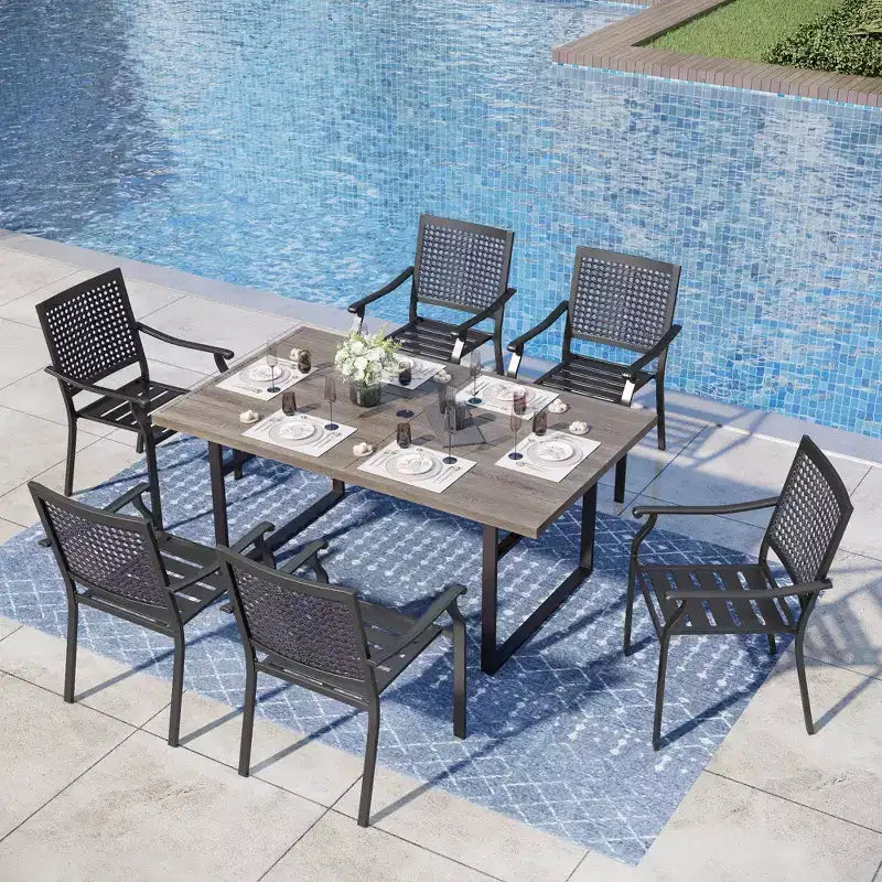 Captiva Designs 7pc Patio Wood-look Steel Dining Table with Umbrella Hole & Stackable Chairs with Bull's Eye Pattern