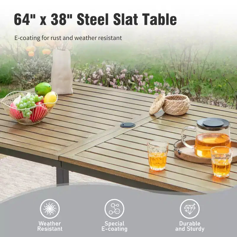 Captiva Designs – Ensemble de salle à manger d'extérieur 7 pièces avec table rectangulaire en métal et chaises pivotantes en textilène marron-gris