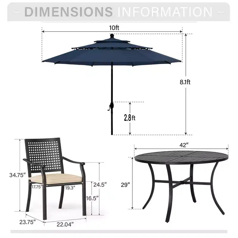 Captiva Designs 6pc Outdoor Slat-top Round Metal Dining Table & Cushioned Metal Chairs & Market Umbrella