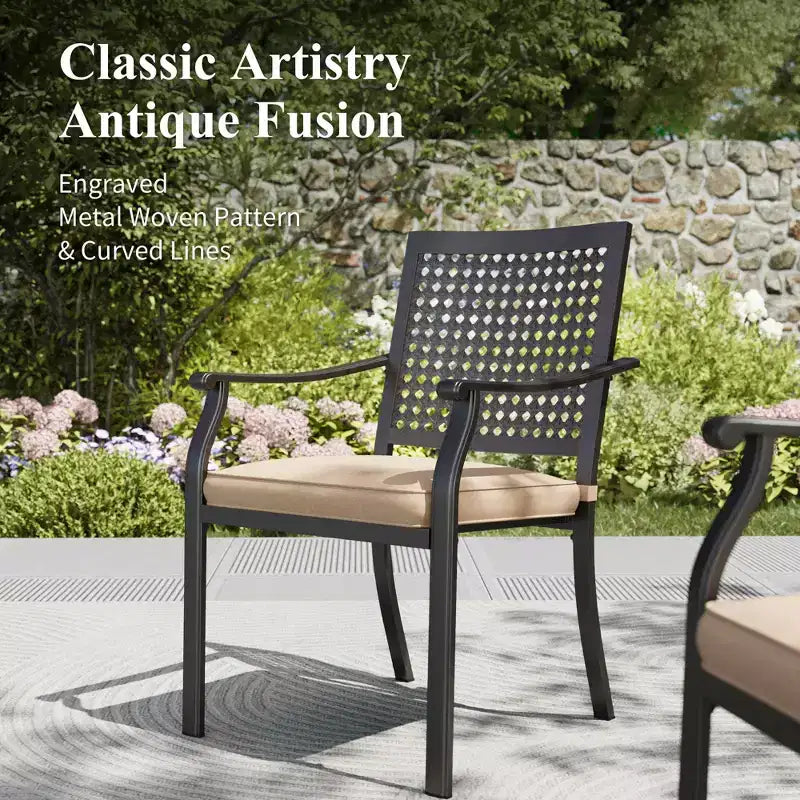 Captiva Designs 6pc Outdoor Slat-top Round Metal Dining Table & Cushioned Metal Chairs & Market Umbrella