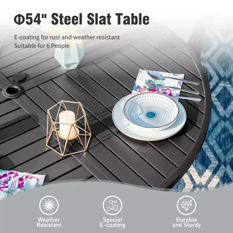 Captiva Designs 7pc Black Round Slatted Steel Table with Umbrella Hole & Textilene Swivel Chairs