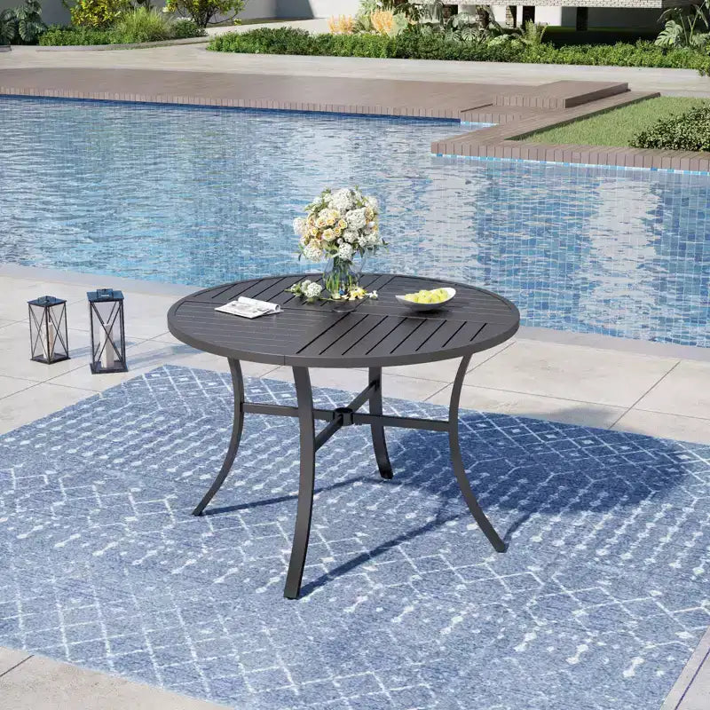 Captiva Designs 7pc Black Round Slatted Steel Table with Umbrella Hole & Textilene Swivel Chairs