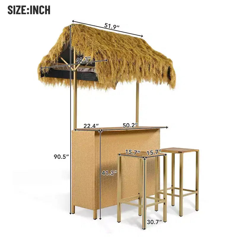 3pcs Patio Bar Set, Outdoor Bar Height Table and Stools with Canopy, Adjustable Feet, Wood Tabletop for Dining and Drinking, Natural -ModernLuxe