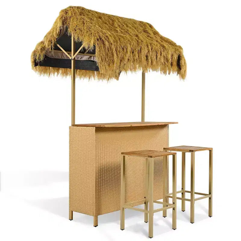 3pcs Patio Bar Set, Outdoor Bar Height Table and Stools with Canopy, Adjustable Feet, Wood Tabletop for Dining and Drinking, Natural -ModernLuxe