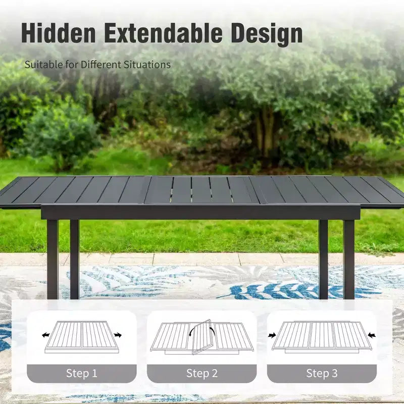 Captiva Designs 9pc Patio Dining Extendable Steel Rectangle Table & Rattan Metal Fixed Chairs & Swivel Arm Chairs