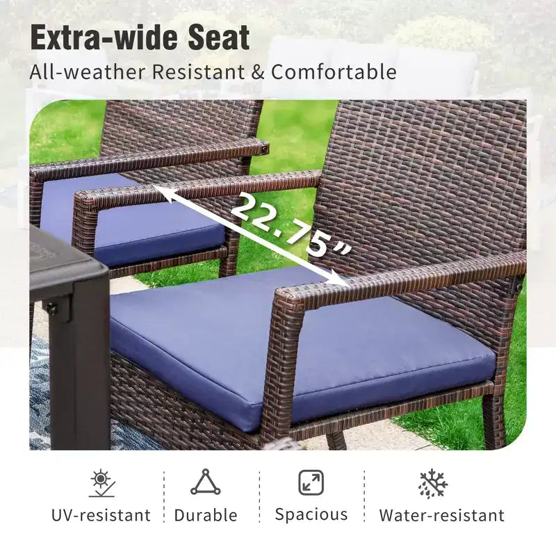 Captiva Designs 7pc Outdoor Patio Black Steel Dining Table with Umbrella Hole & Cushioned Armrest Rattan Chairs