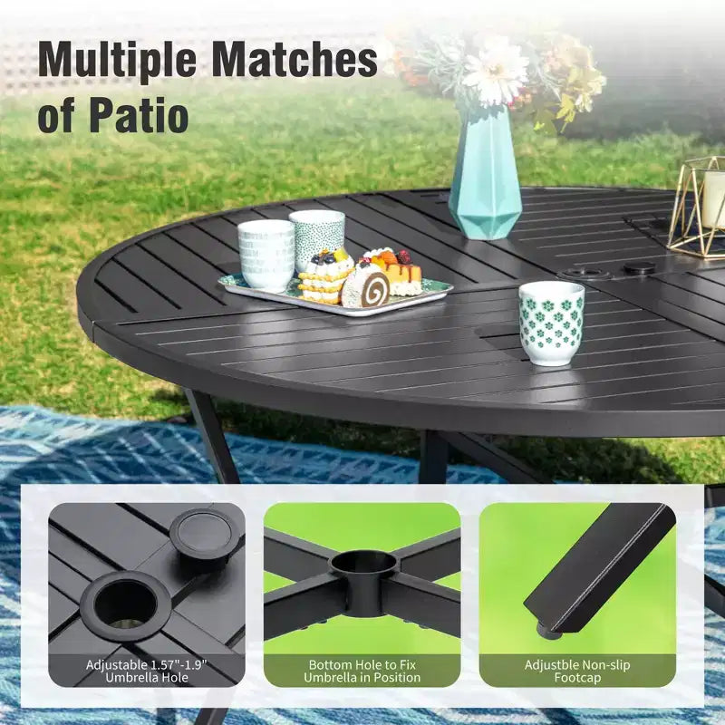Captiva Designs 7pc Outdoor Patio Black Steel Dining Table with Umbrella Hole & Cushioned Armrest Rattan Chairs