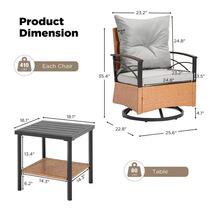 EROMMY 3 Pieces Patio Swivel Rocker Rattan Chairs,Outdoor Swivel Rocking Chairs with 1 Rattan Coffee Table,Perfect for Porch,Garden,and Lawn