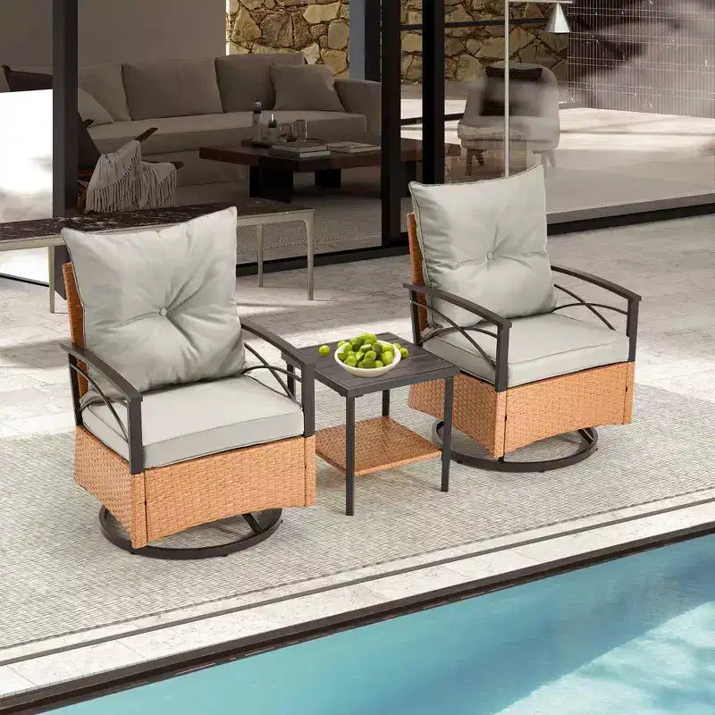 EROMMY 3 Pieces Patio Swivel Rocker Rattan Chairs,Outdoor Swivel Rocking Chairs with 1 Rattan Coffee Table,Perfect for Porch,Garden,and Lawn