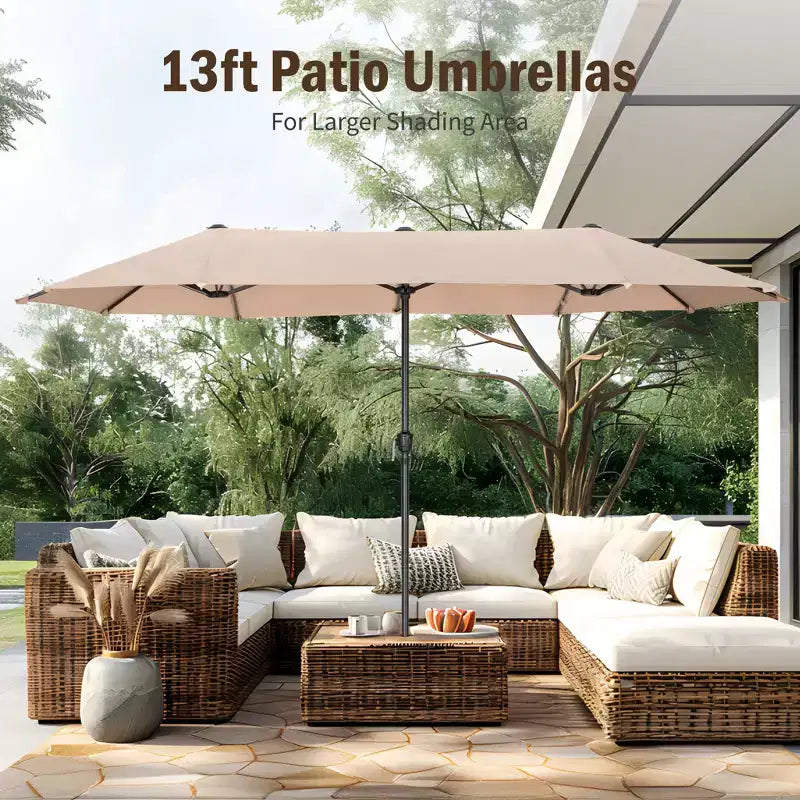 Captiva Designs 8pc Patio Dining Set with Rectangular Steel Table & Black Steel Chairs & Beige Umbrella
