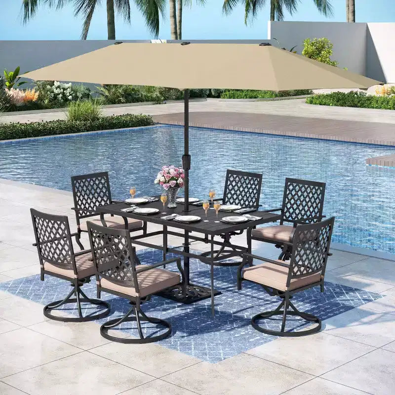 Captiva Designs 8pc Patio Dining Set with Rectangular Steel Table & Black Steel Chairs & Beige Umbrella
