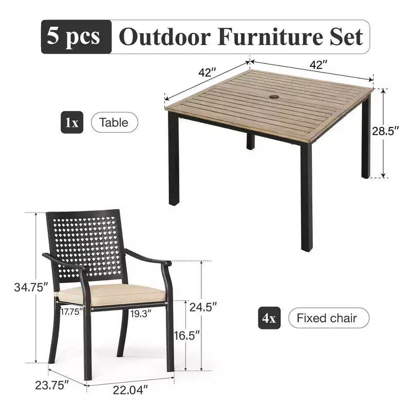 Captiva Designs 5pc Patio Dining Steel Set with Wood-like Square Table & Metal Chairs with Cushion