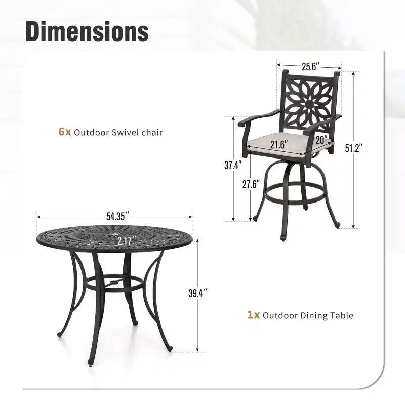Ensemble de salle à manger d'extérieur Captiva Designs 7 pièces en aluminium moulé, hauteur bar, avec table ronde et tabourets pivotants
