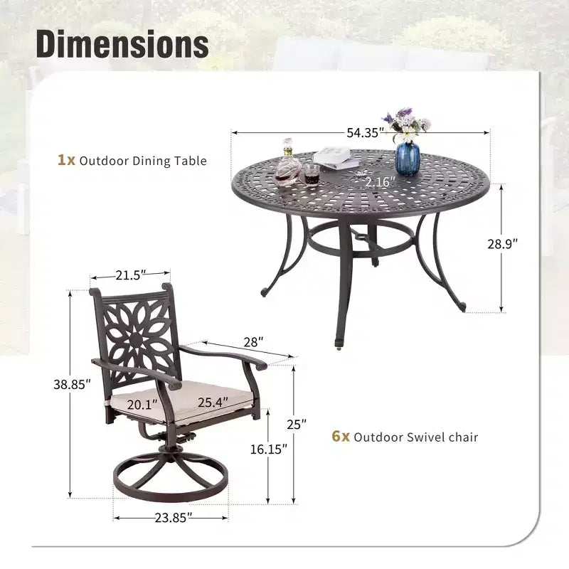 Ensemble de salle à manger de patio Captiva Designs 7 pièces en fonte d'aluminium avec table ronde et chaises à dossier fleuri
