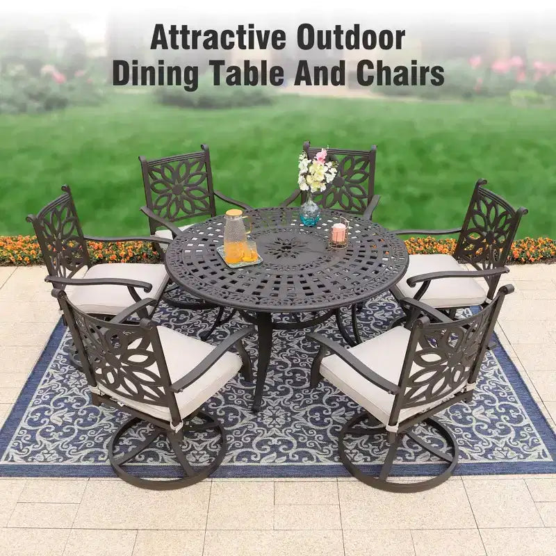 Ensemble de salle à manger de patio Captiva Designs 7 pièces en fonte d'aluminium avec table ronde et chaises à dossier fleuri