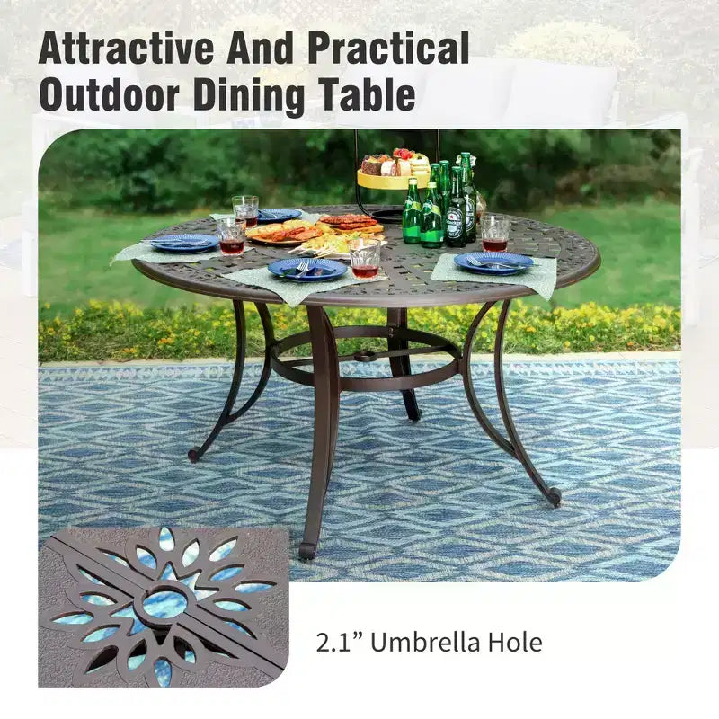 Ensemble de salle à manger de patio Captiva Designs 7 pièces en fonte d'aluminium avec table ronde et chaises à dossier fleuri