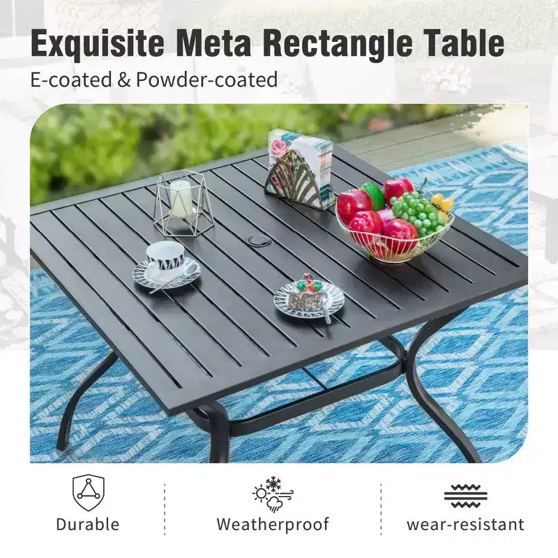 Captiva Designs 6pc Patio Dining Set with Steel Table & Blue Sling Chairs & Blue Umbrella