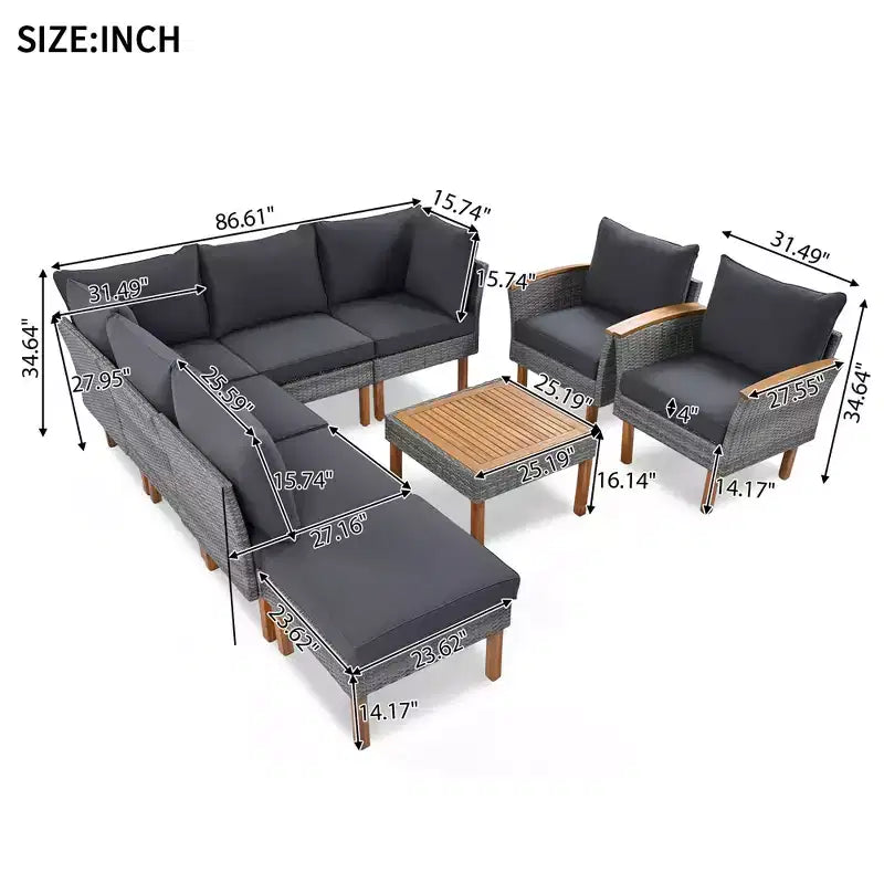Whisen 9-Piece Weather-Resistant Patio Rattan Furniture Sets & Outdoor Conversation Sectional Sofa Couch Set with Coffee Table and Cushions - Gray