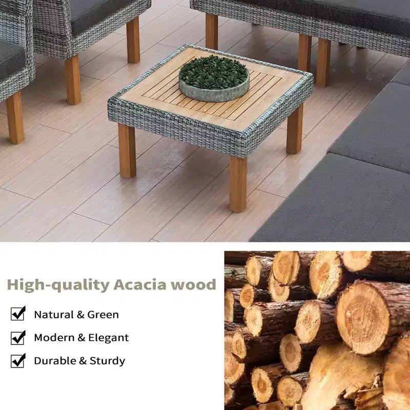 Whisen 9-Piece Weather-Resistant Patio Rattan Furniture Sets & Outdoor Conversation Sectional Sofa Couch Set with Coffee Table and Cushions - Gray