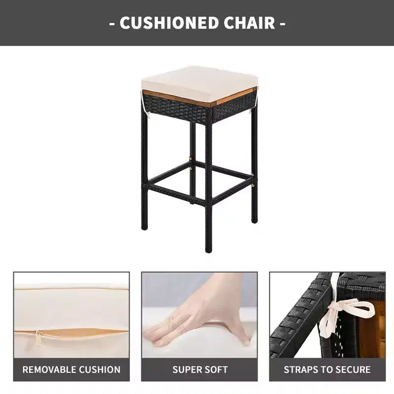 Ensemble de bar 5 pièces d'extérieur en rotin PE Whisen avec plateau de table pliable et coussins