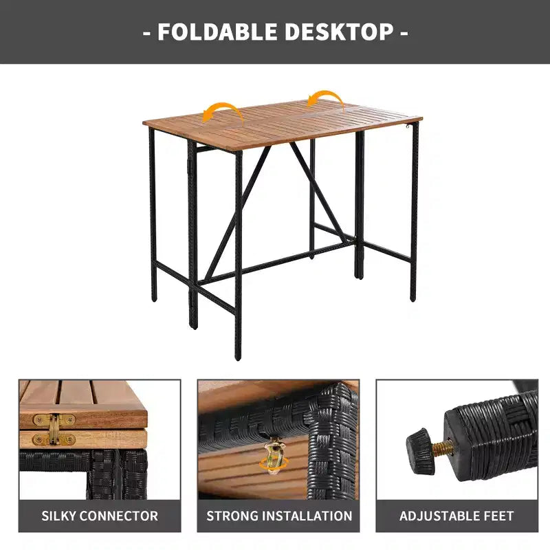 Ensemble de bar 5 pièces d'extérieur en rotin PE Whisen avec plateau de table pliable et coussins