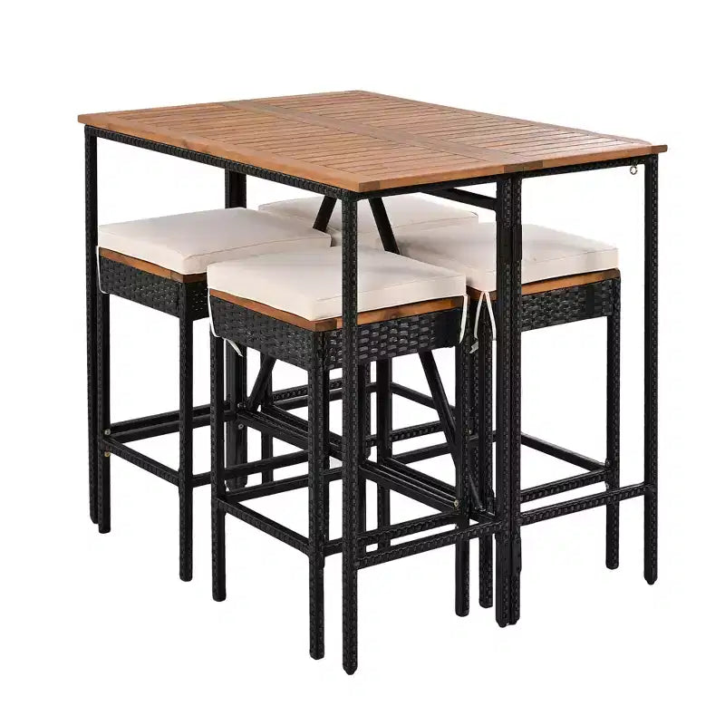 Ensemble de bar 5 pièces d'extérieur en rotin PE Whisen avec plateau de table pliable et coussins