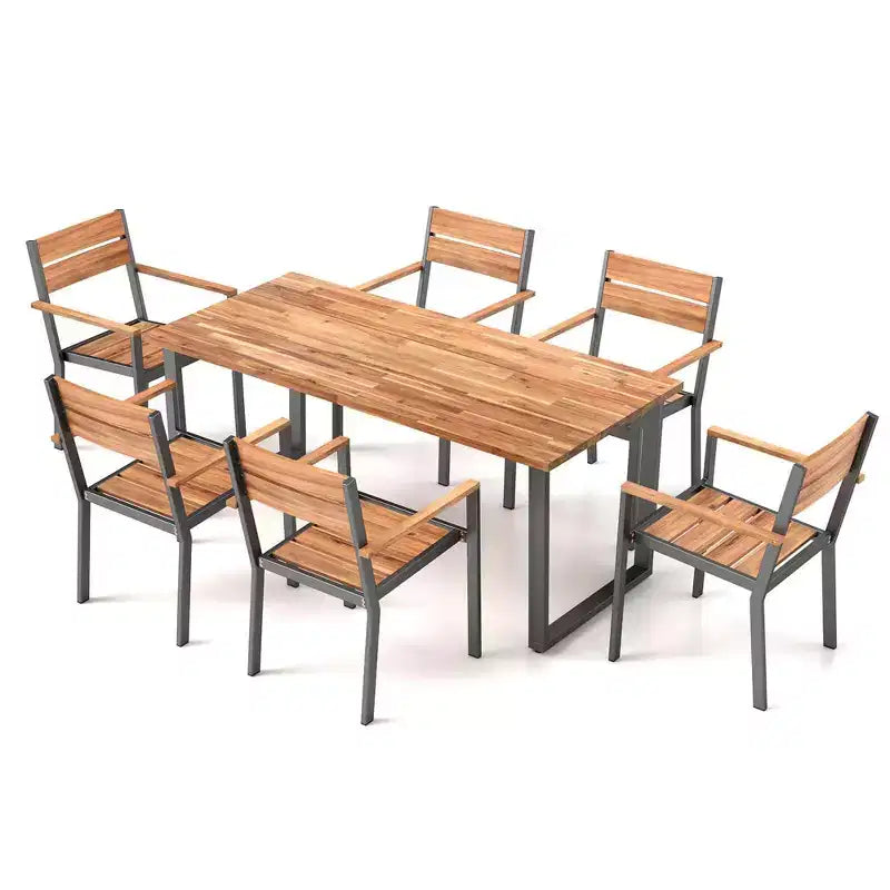 Costway Ensemble de salle à manger d'extérieur 7 pièces en bois d'acacia, 6 fauteuils et table de 175 cm avec 2 trous pour parasol