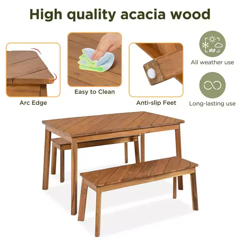 Whisen Outdoor Wood Dining Set with 2 Benches, Acacia Wood Picnic Beer Table for Patio, Porch, Garden - Natural