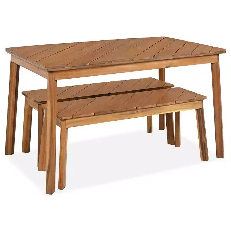 Whisen Outdoor Wood Dining Set with 2 Benches, Acacia Wood Picnic Beer Table for Patio, Porch, Garden - Natural