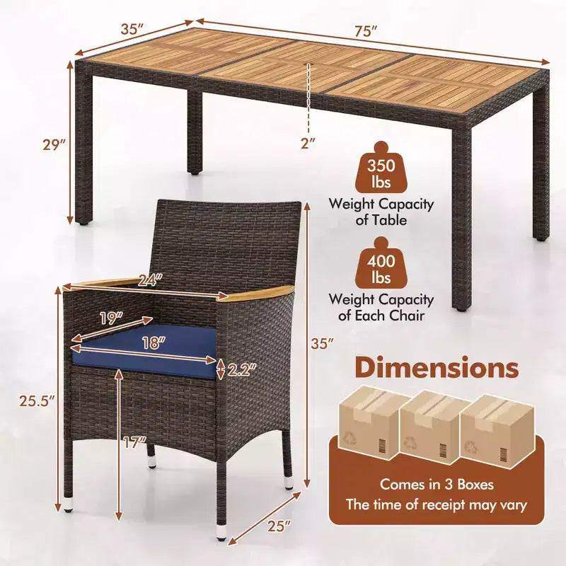 Costway 9PCS Outdoor Dining Set with Acacia Wood Table Top Patio Dining Set for 8 People Navy/Beige