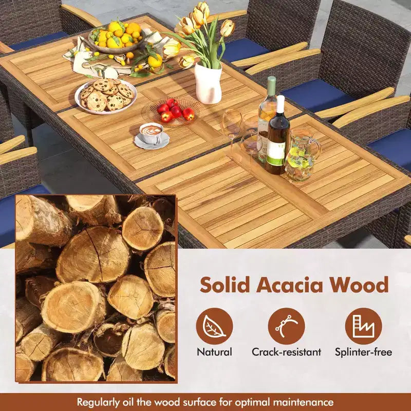 Costway 9PCS Outdoor Dining Set with Acacia Wood Table Top Patio Dining Set for 8 People Navy/Beige