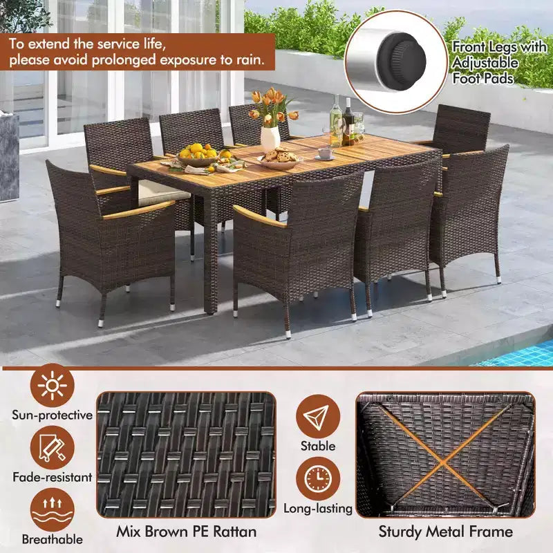 Costway 9PCS Outdoor Dining Set with Acacia Wood Table Top Patio Dining Set for 8 People Navy/Beige