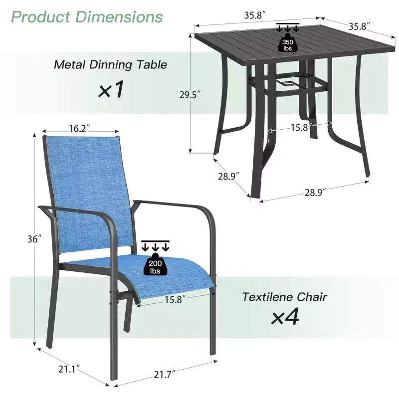 EROMMY 5 Piece Patio Dining Set, Outdoor Dining Table And Chairs Set For 4, 4 Textilene Chairs, 1 Iron Square Table, Patio Furniture Set For Deck