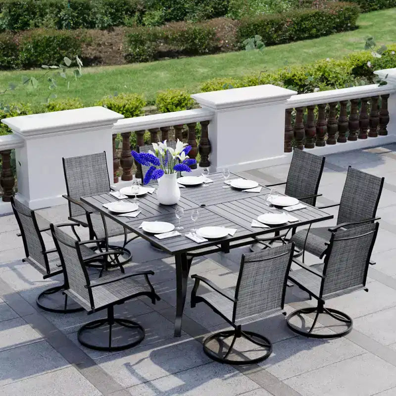 Ensemble de salle à manger de patio EROMMY 9 pièces, table et chaises de salle à manger d'extérieur pour 8 personnes, ensemble de meubles de patio pour terrasse, jardin, pelouse, bord de piscine, marron/gris/bleu