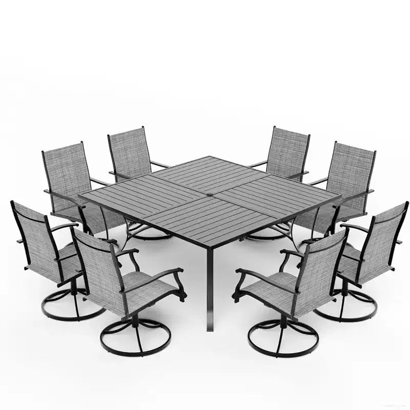 Ensemble de salle à manger de patio EROMMY 9 pièces, table et chaises de salle à manger d'extérieur pour 8 personnes, ensemble de meubles de patio pour terrasse, jardin, pelouse, bord de piscine, marron/gris/bleu