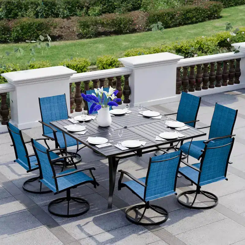 Ensemble de salle à manger de patio EROMMY 9 pièces, table et chaises de salle à manger d'extérieur pour 8 personnes, ensemble de meubles de patio pour terrasse, jardin, pelouse, bord de piscine, marron/gris/bleu