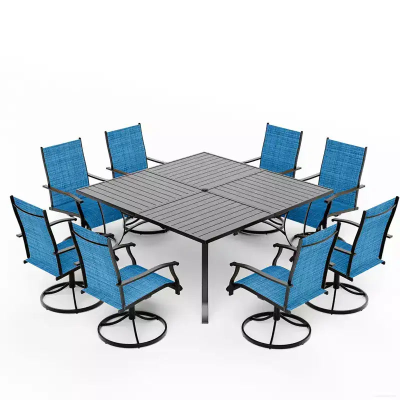 Ensemble de salle à manger de patio EROMMY 9 pièces, table et chaises de salle à manger d'extérieur pour 8 personnes, ensemble de meubles de patio pour terrasse, jardin, pelouse, bord de piscine, marron/gris/bleu