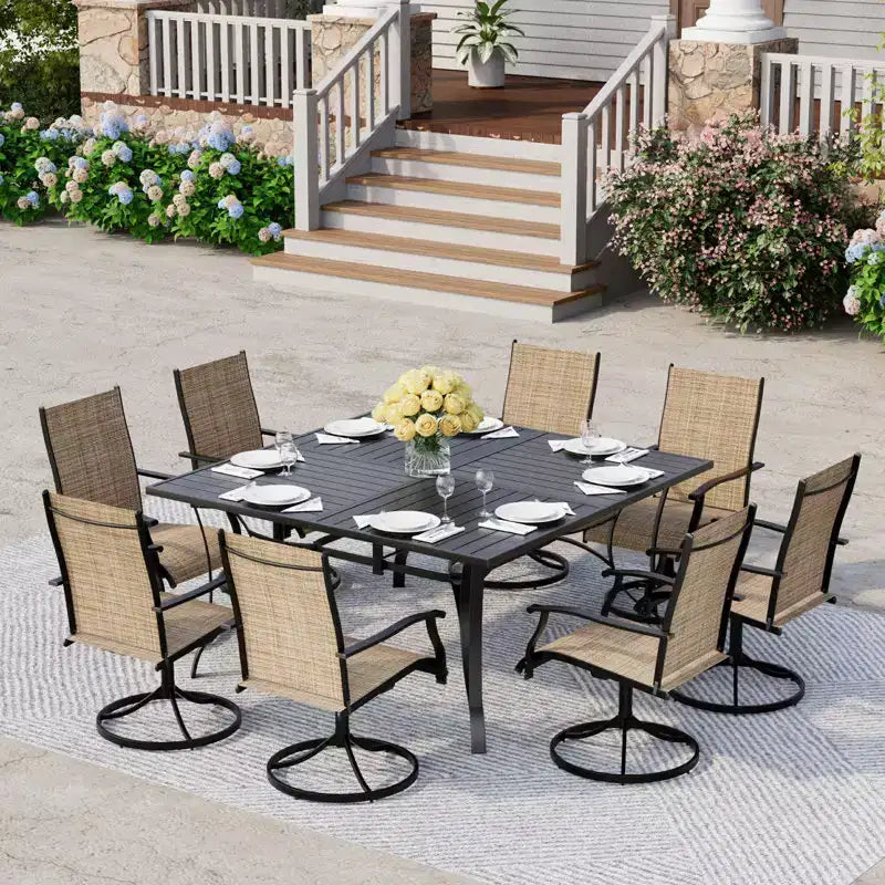 Ensemble de salle à manger de patio EROMMY 9 pièces, table et chaises de salle à manger d'extérieur pour 8 personnes, ensemble de meubles de patio pour terrasse, jardin, pelouse, bord de piscine, marron/gris/bleu