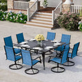 Ensemble de salle à manger de patio EROMMY 9 pièces, table et chaises de salle à manger d'extérieur pour 8 personnes, ensemble de meubles de patio pour terrasse, jardin, pelouse, bord de piscine, marron/gris/bleu