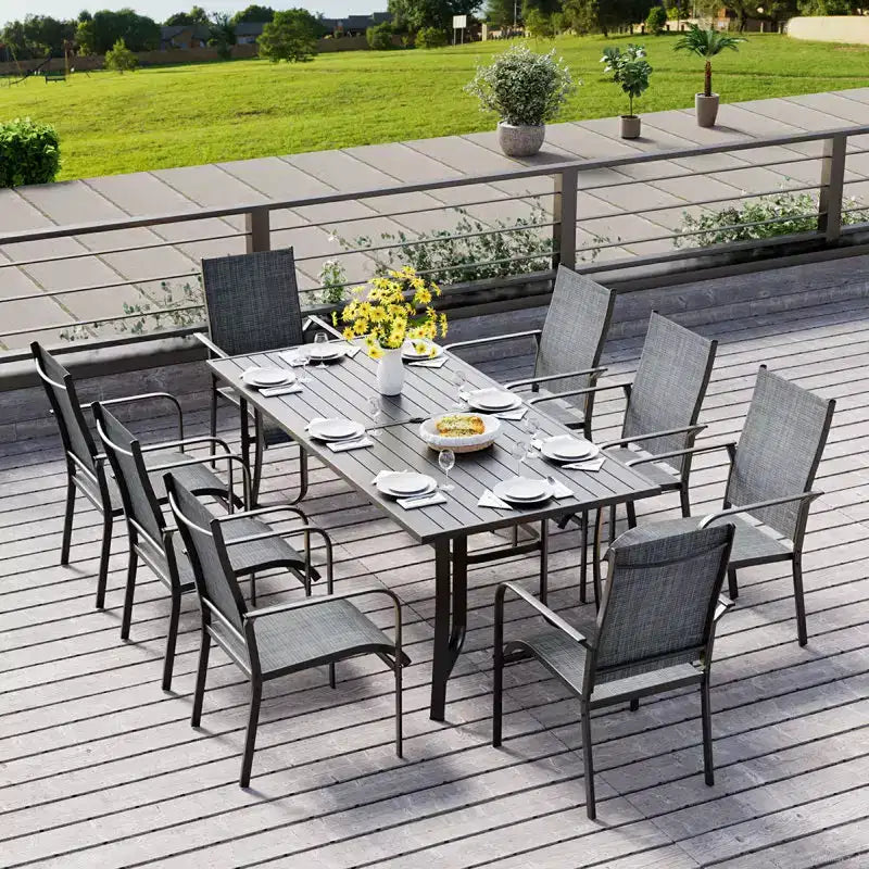 EROMMY 9 Piece Patio Dining Set, Outdoor Dining Table And Chairs Set For 8, 8 Textilene Chairs, 1 Iron Rectangular Table With Adjustable Umbrella Hole