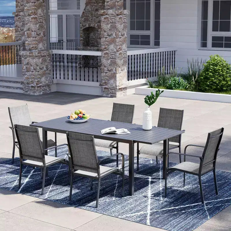 EROMMY 7 Piece Patio Expandable Table Dining Set, Outdoor Dining Table And Chairs Set For 4 To 8, 6 Textilene Chairs, 1 Iron Expandable Dining Table