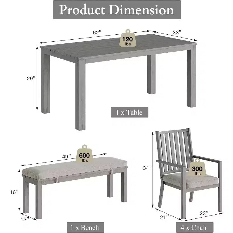 Heynemo Ensembles de repas de patio 6 pièces, Table à manger extérieure en aluminium avec 4 chaises et banc, Ensemble de meubles de repas de patio avec coussin amovible