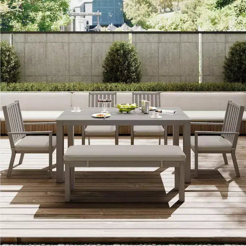 Heynemo Ensembles de repas de patio 6 pièces, Table à manger extérieure en aluminium avec 4 chaises et banc, Ensemble de meubles de repas de patio avec coussin amovible