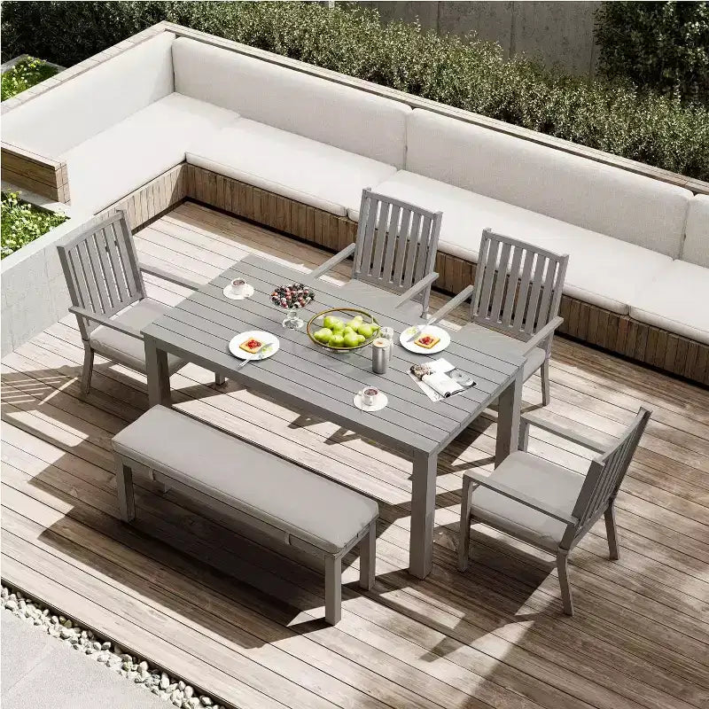 Heynemo Ensembles de repas de patio 6 pièces, Table à manger extérieure en aluminium avec 4 chaises et banc, Ensemble de meubles de repas de patio avec coussin amovible