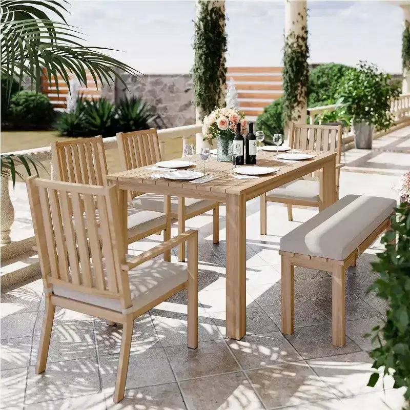 Heynemo Ensembles de repas de patio 6 pièces, Table à manger extérieure en aluminium avec 4 chaises et banc, Ensemble de meubles de repas de patio avec coussin amovible
