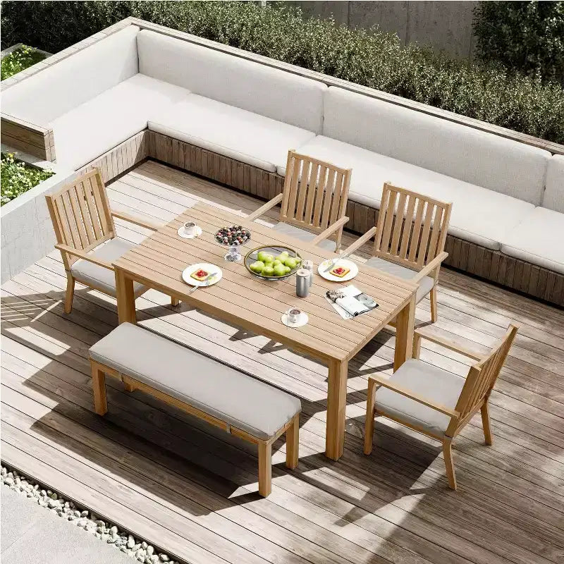 Heynemo Ensembles de repas de patio 6 pièces, Table à manger extérieure en aluminium avec 4 chaises et banc, Ensemble de meubles de repas de patio avec coussin amovible