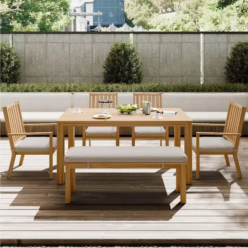 Heynemo Ensembles de repas de patio 6 pièces, Table à manger extérieure en aluminium avec 4 chaises et banc, Ensemble de meubles de repas de patio avec coussin amovible