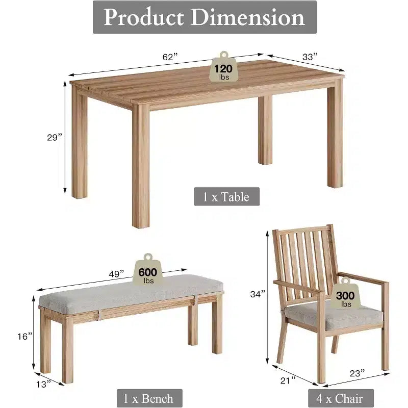 Heynemo Ensembles de repas de patio 6 pièces, Table à manger extérieure en aluminium avec 4 chaises et banc, Ensemble de meubles de repas de patio avec coussin amovible