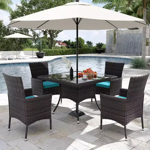 ALAULM Patio Furniture Outdoor Dining Set, Wicker Rattan Patio Dining Table and Chairs Set, Square Tempered Glass Tabletop with Umbrella Set