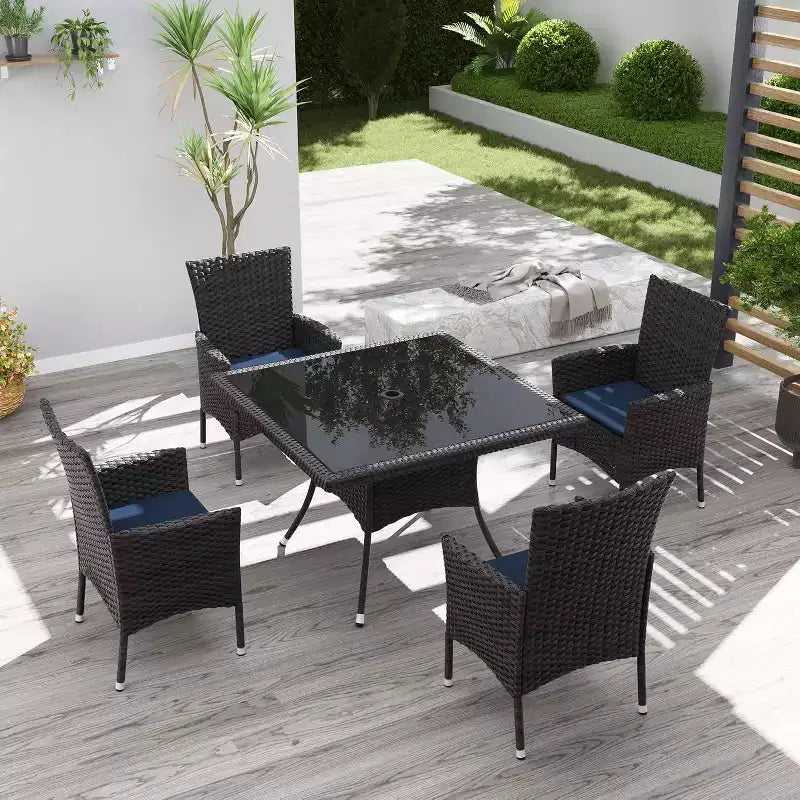 ALAULM Patio Furniture Outdoor Dining Set, Wicker Rattan Patio Dining Table and Chairs Set, Square Tempered Glass Tabletop with Umbrella Set